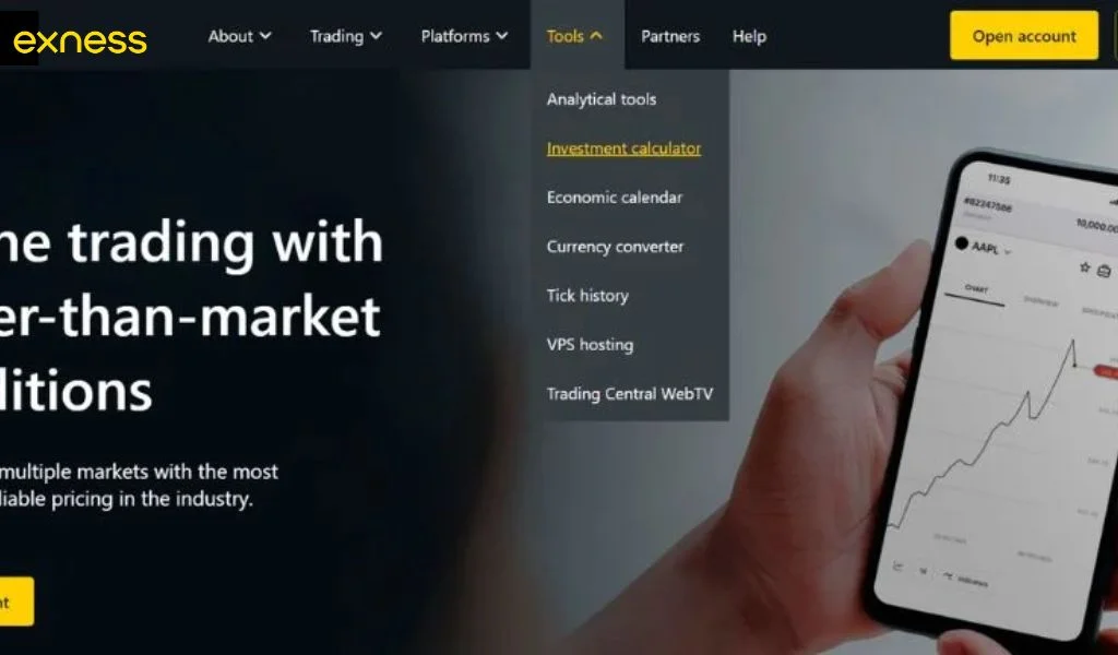 The calculator is located on the Exness platform toolbar.計算機位於 Exness 平台工具列。