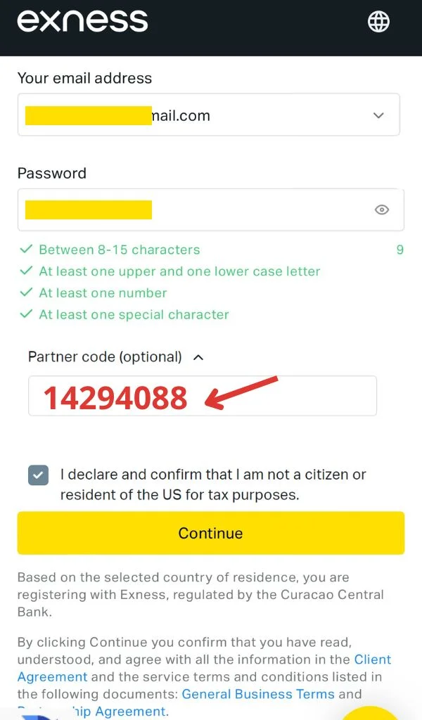 Fill in the information to create an Exness account填寫資料嚟建立 Exness 帳戶