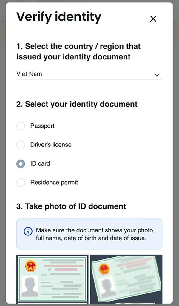 Select Verification Document Type揀驗證文件類型