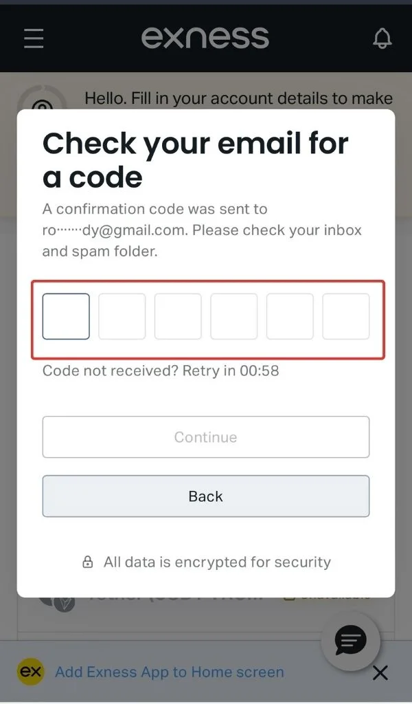 Check your email for the code睇下你個電郵有冇個代碼