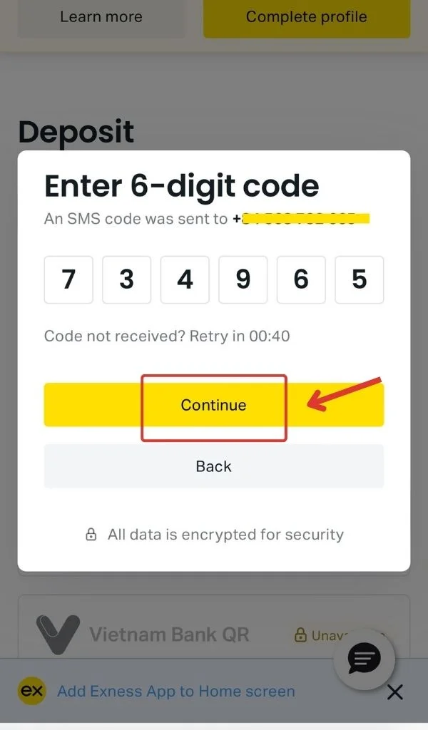 Enter the phone number code輸入電話號碼代碼