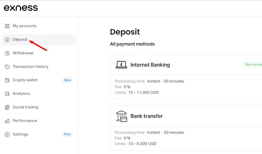 Click Deposit to start an Exness deposit撳一下存款就可以開始 Exness 存款