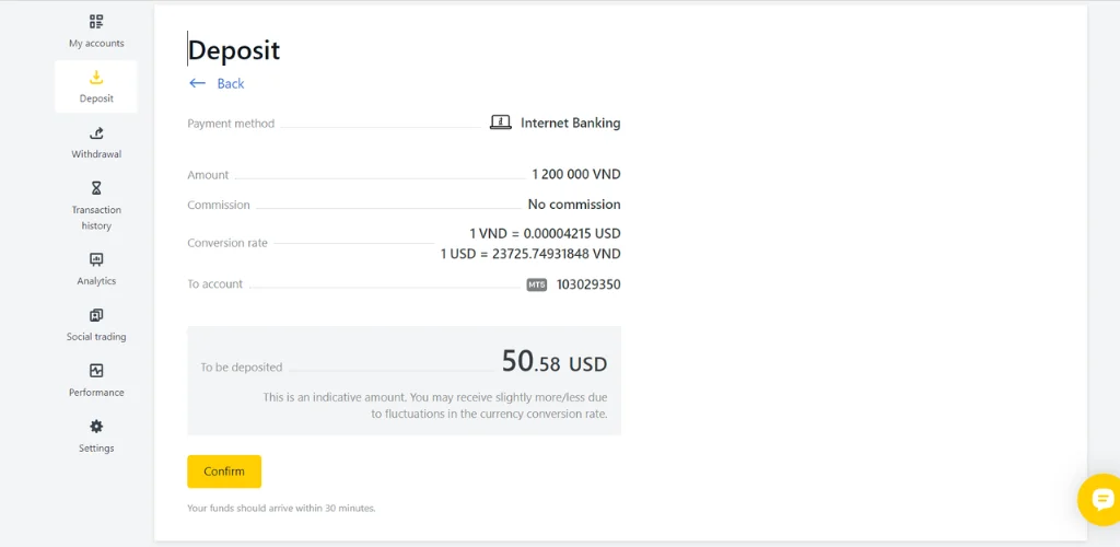 Confirm the deposit information with the exchange.同交易所確認存款資料。