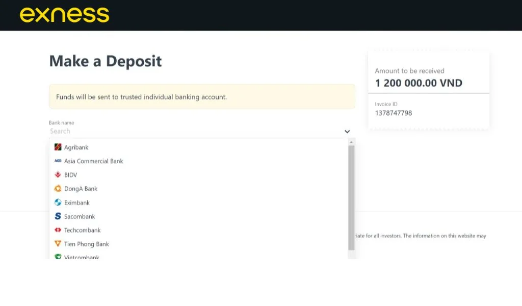 Choose payment bank Exness Bank for credit card deposit選擇支付銀行 Exness Bank 作信用卡存款