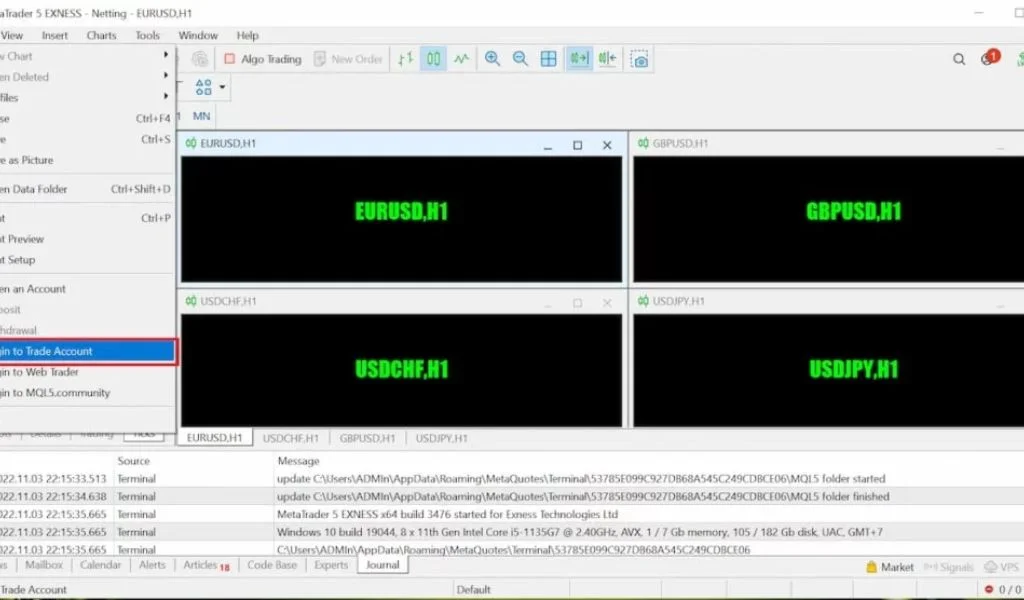 Login to the Exness MT5 platform.登入 Exness MT5平台。