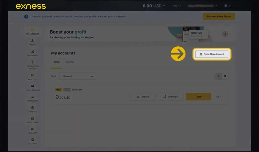 Choose to open an Exness trading account選擇開設 Exness 交易戶口