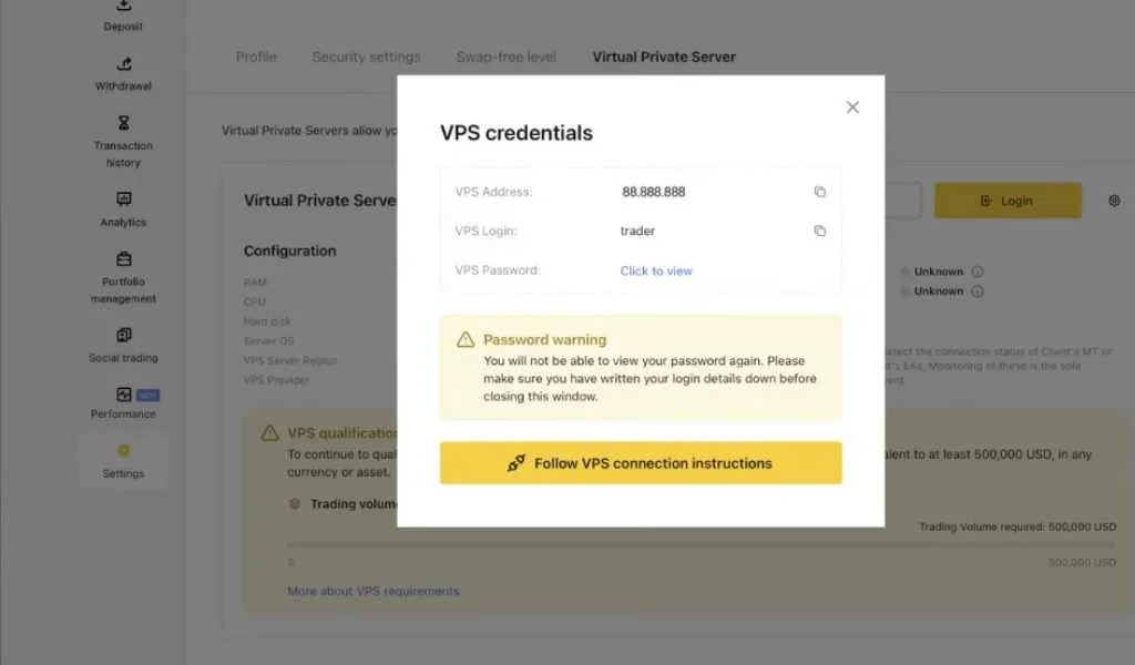 Log in to use Exness VPS service登入以使用 Exness VPS 服務