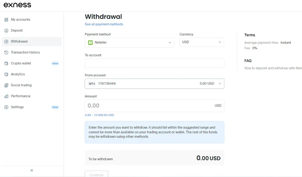 Withdraw funds from Exness using Neteller wallet使用 Neteller 錢包從 Exness 提取資金