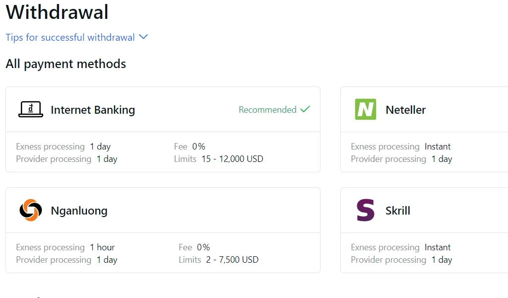Exness has a variety of withdrawal methods for you to choose fromExness 有多種提款方法畀你揀