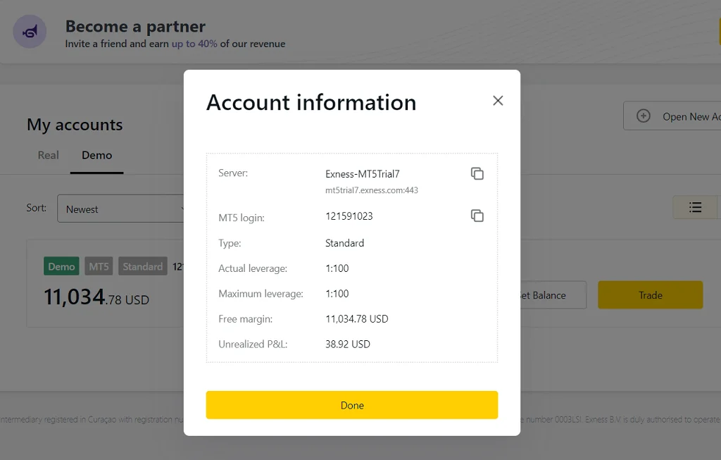 Your MT5 Exness account details are linked你嘅 MT5 Exness 帳戶詳情已經連結咗