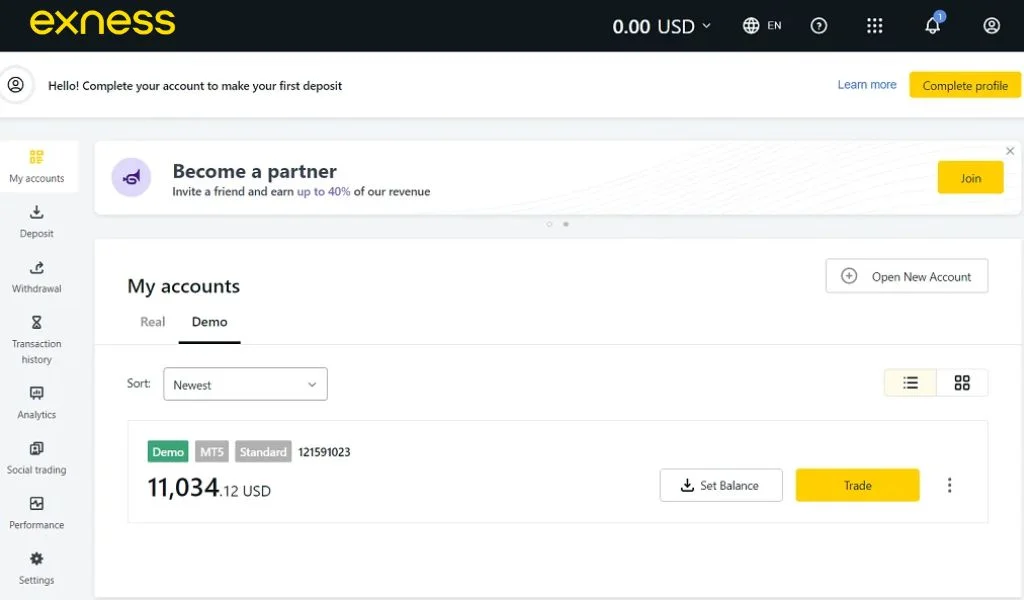 Log in to your previously opened Exness account登入你之前開過嘅 Exness 帳戶