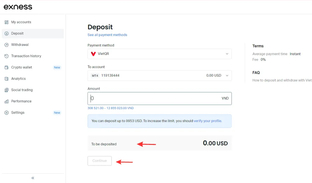 Deposit money to Exness via VietQR method透過 VietQR 方法存錢畀 Exness