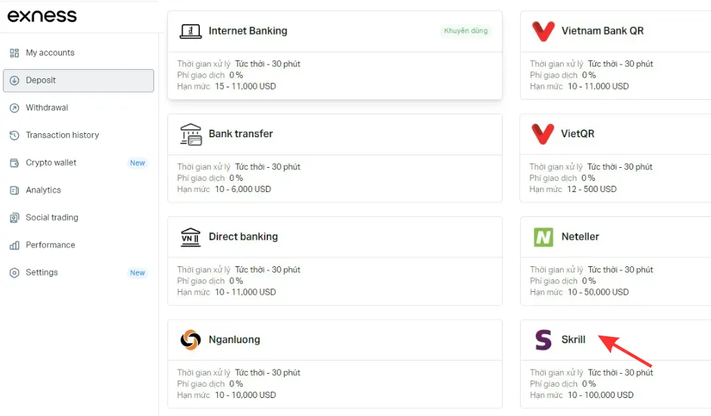 Skrill deposit method. 斯克里爾存款方法。