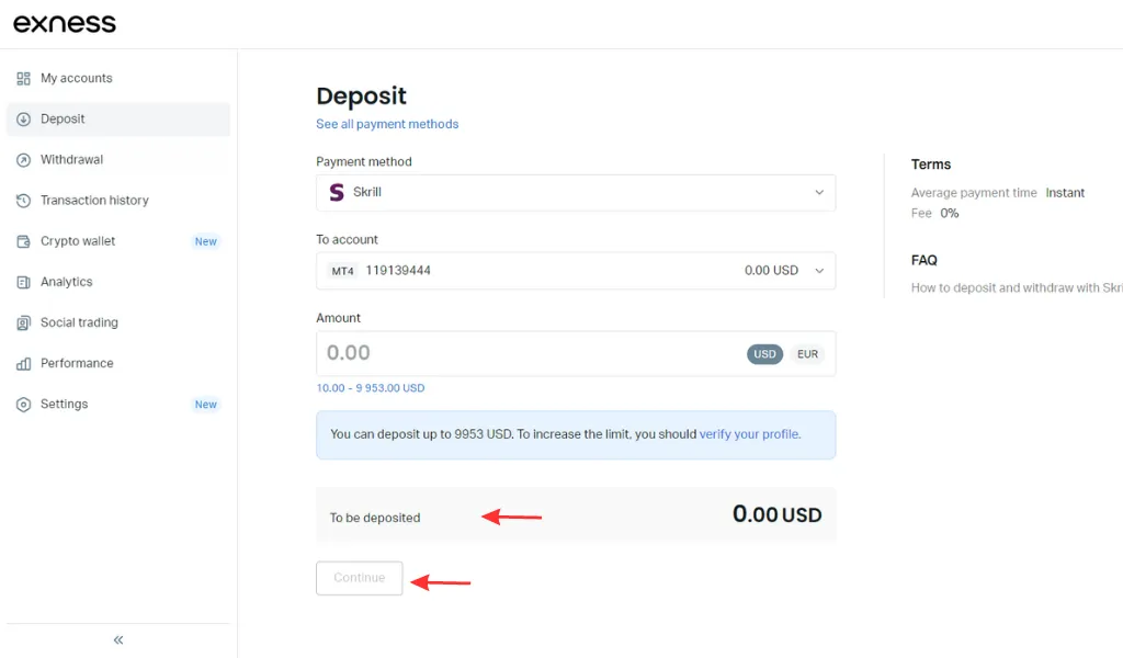 Deposit money quickly at Exness via Skrill透過 Skrill 喺 Exness 快速存錢