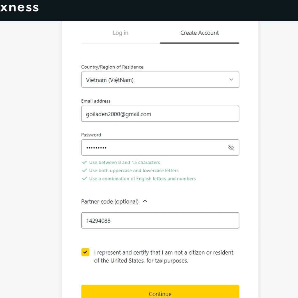 Fill in your email and password when registering an Exness account喺註冊 Exness 帳戶嗰陣填寫你嘅電郵同密碼