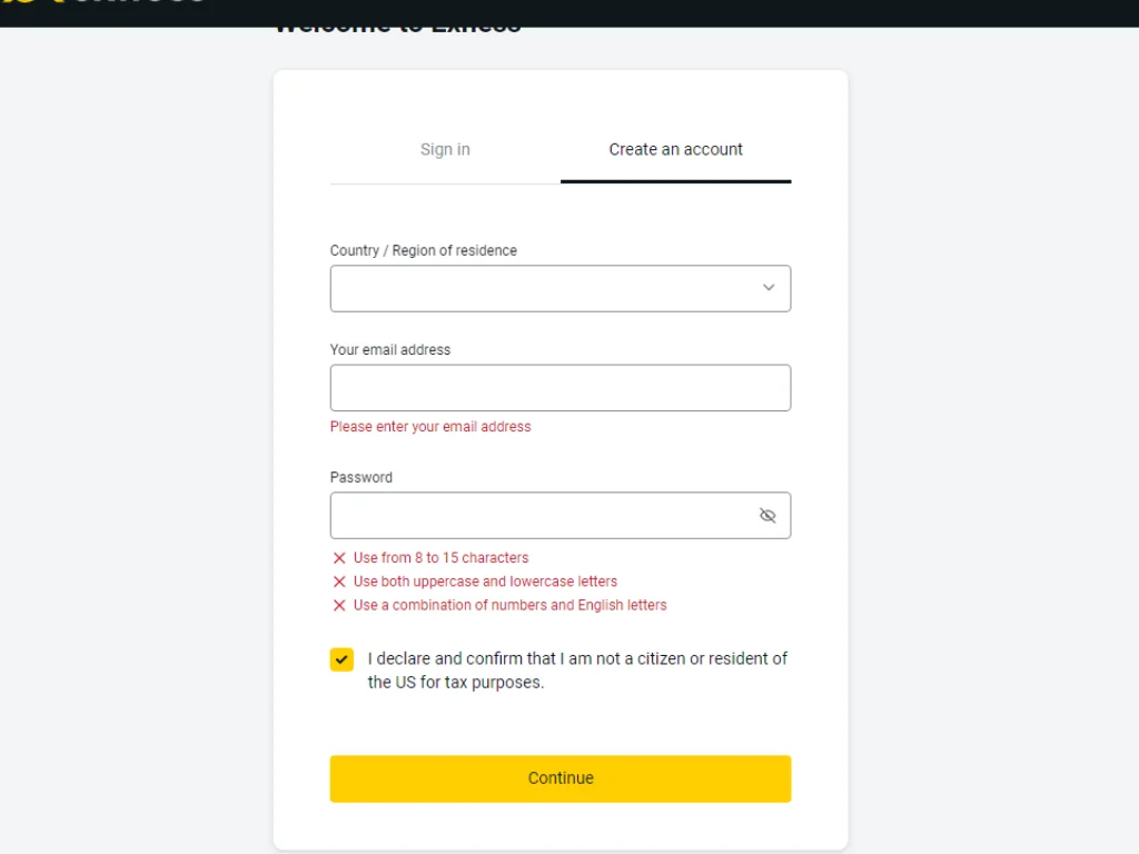 Exness registration screenExness 登記畫面