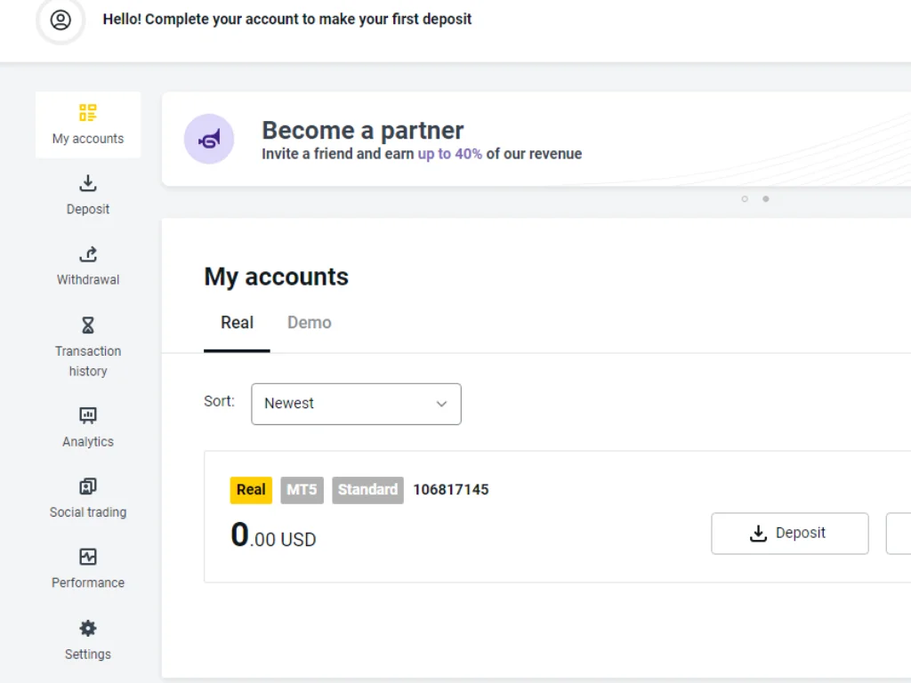 register Exness real account initial completion screen註冊 Exness 真實帳戶初始完成畫面