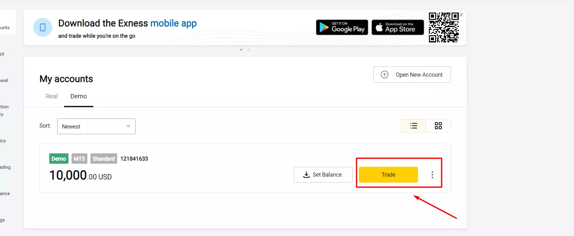 Select the TRADE button to enter the trading environment選擇 TRADE 按鈕進入交易環境